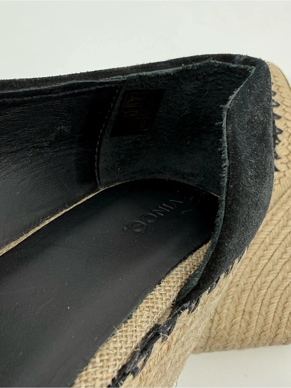 Vince Black Espadrille Wedges Suede Peep Toe Size 7.5M Designer Sonora Cutout